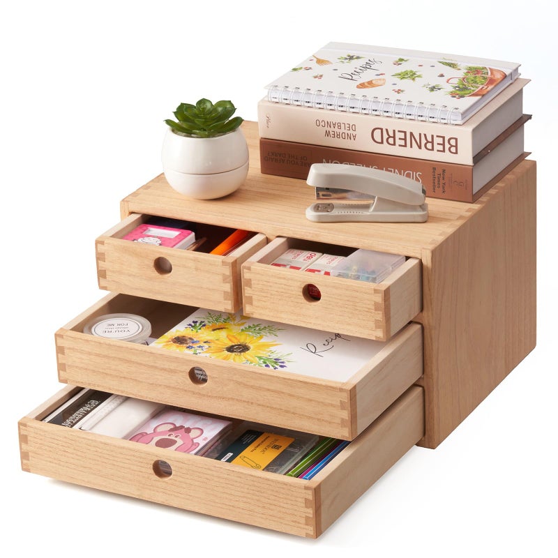 Kirigen Natural Wood Desktop Organizers with Drawers - Home Workspace Office Supplies Wooden Storage Box Shelf Case - Hold Makeup Box (NA, 3-Layer &4 Drawers) - Image 1